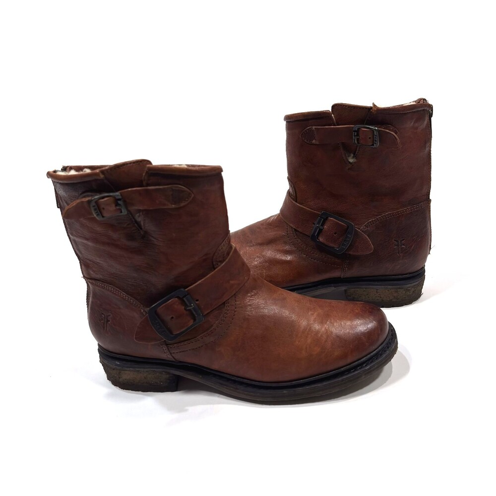 Frye Leather Brown Ankle Boots Shearling Lined Double Strap Zipper Moto - Size 7 - Picture 3 of 8